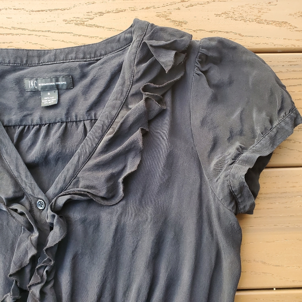 INC Black Mini Dress Button Front A-Line Ruffle Silk Work Party Sustainable 8 - Picture 10 of 11
